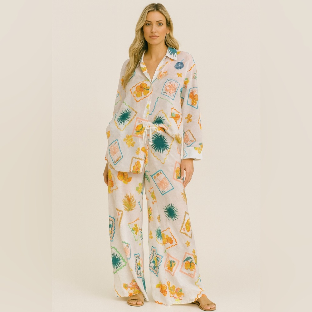 Wide Leg Pants (only) Size Large Tropical Flowy Vacation Beach Loungewear